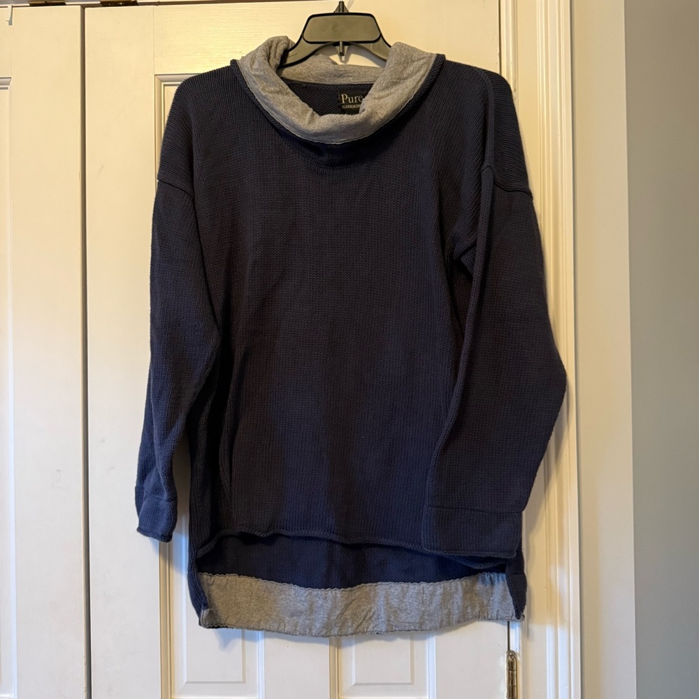 Pure Handknit Navy Blue and Grey Waffle Knit Cowl Neck Tunic Sweater Size L/XL